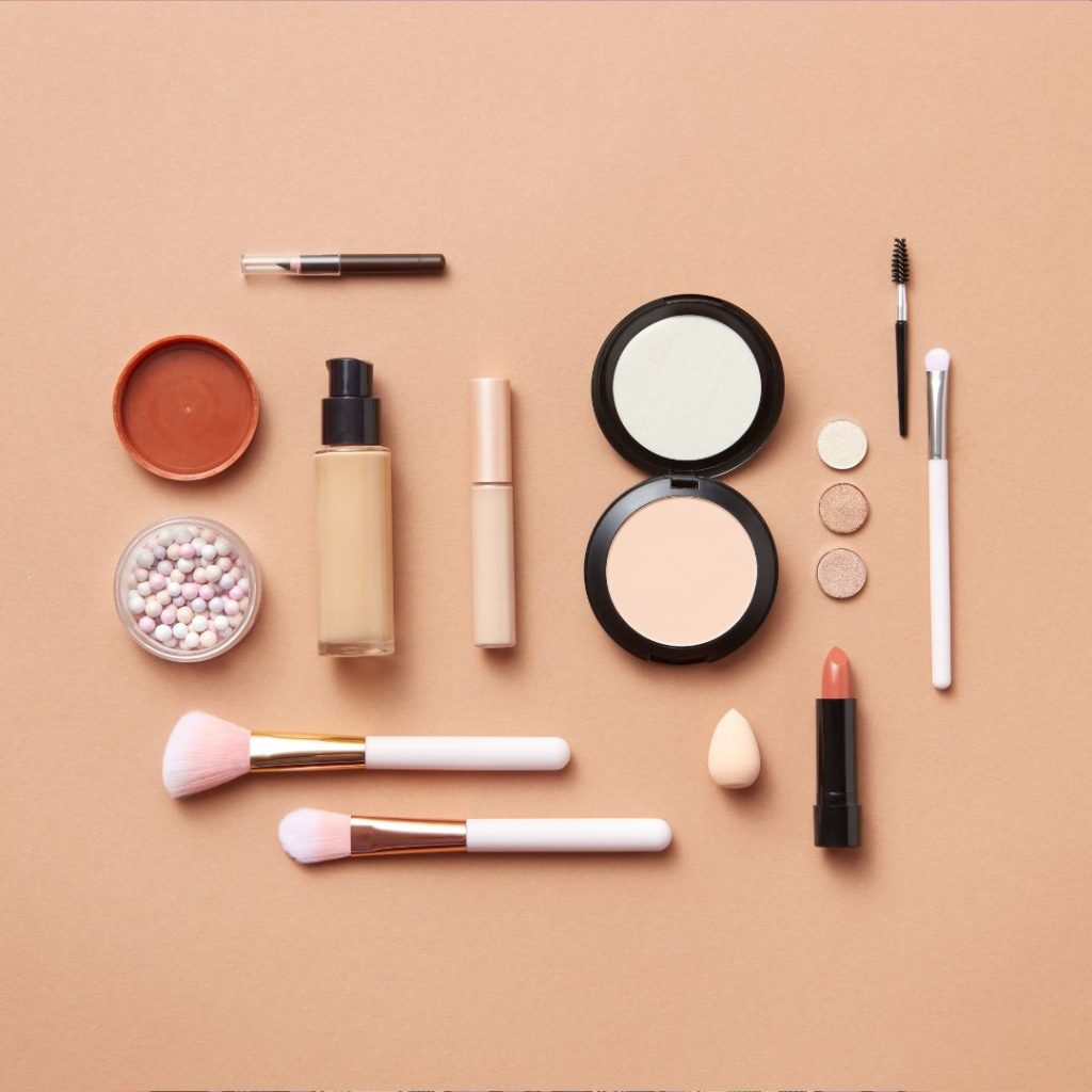 Photo of cosmetics laid out and photographed from above