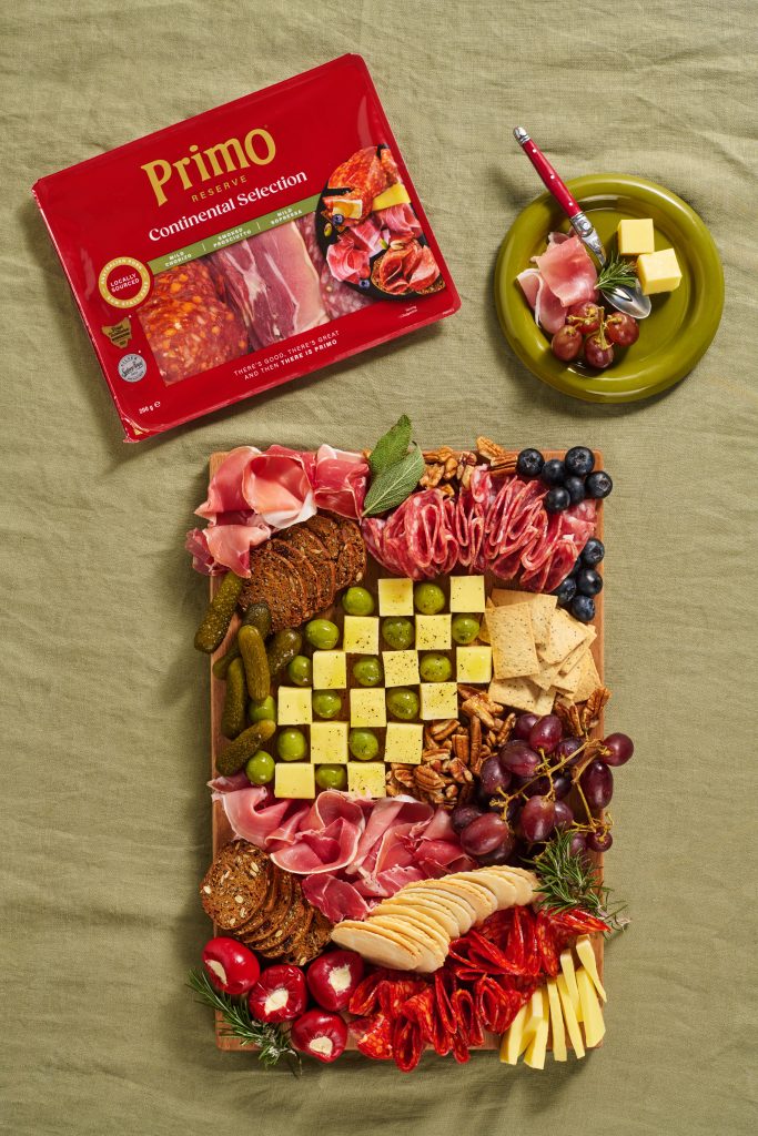 Primo Styled photoshoot - cheese and salami arranged in the style of a checker board