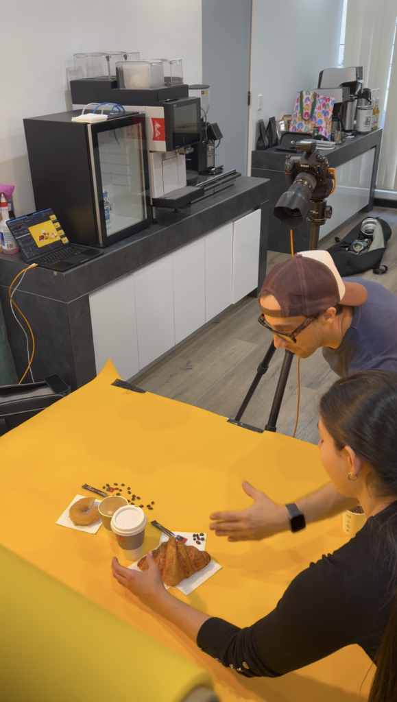 Behind the scenes phot of product photoshoot set up in Melitta Coffee's offices